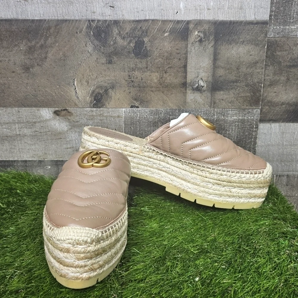 GUCCI Charlotte Matelasse gold GG Marmont logo platform espadrille jute mule - Picture 10 of 15